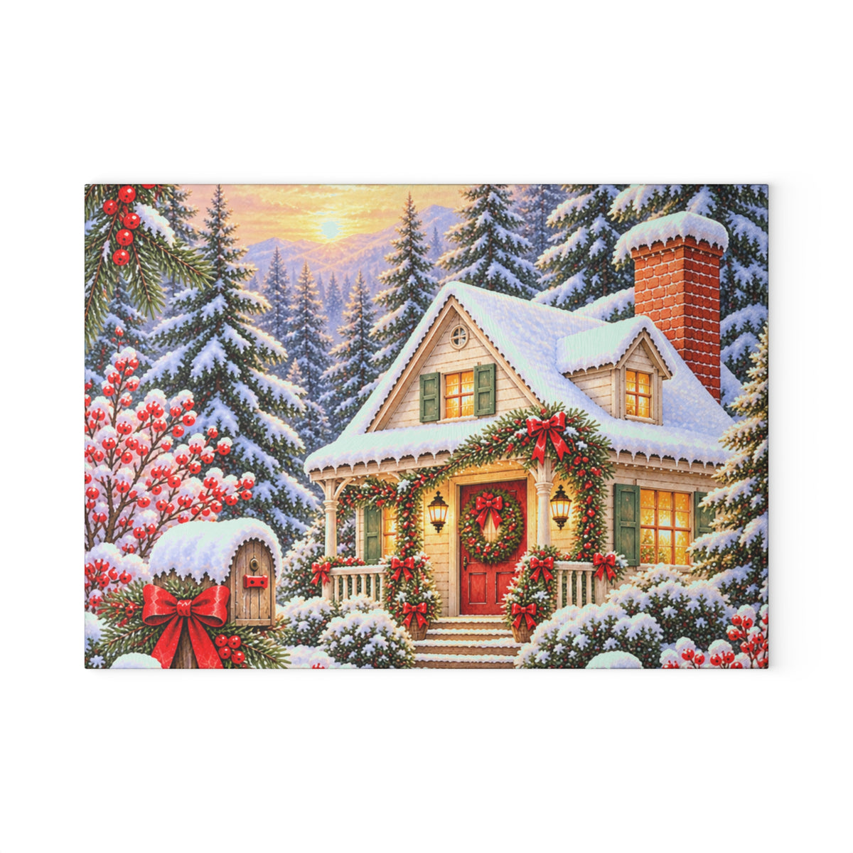 Christmas Cottage Glass Cutting Board — Snowy Holiday Kitchen Decor