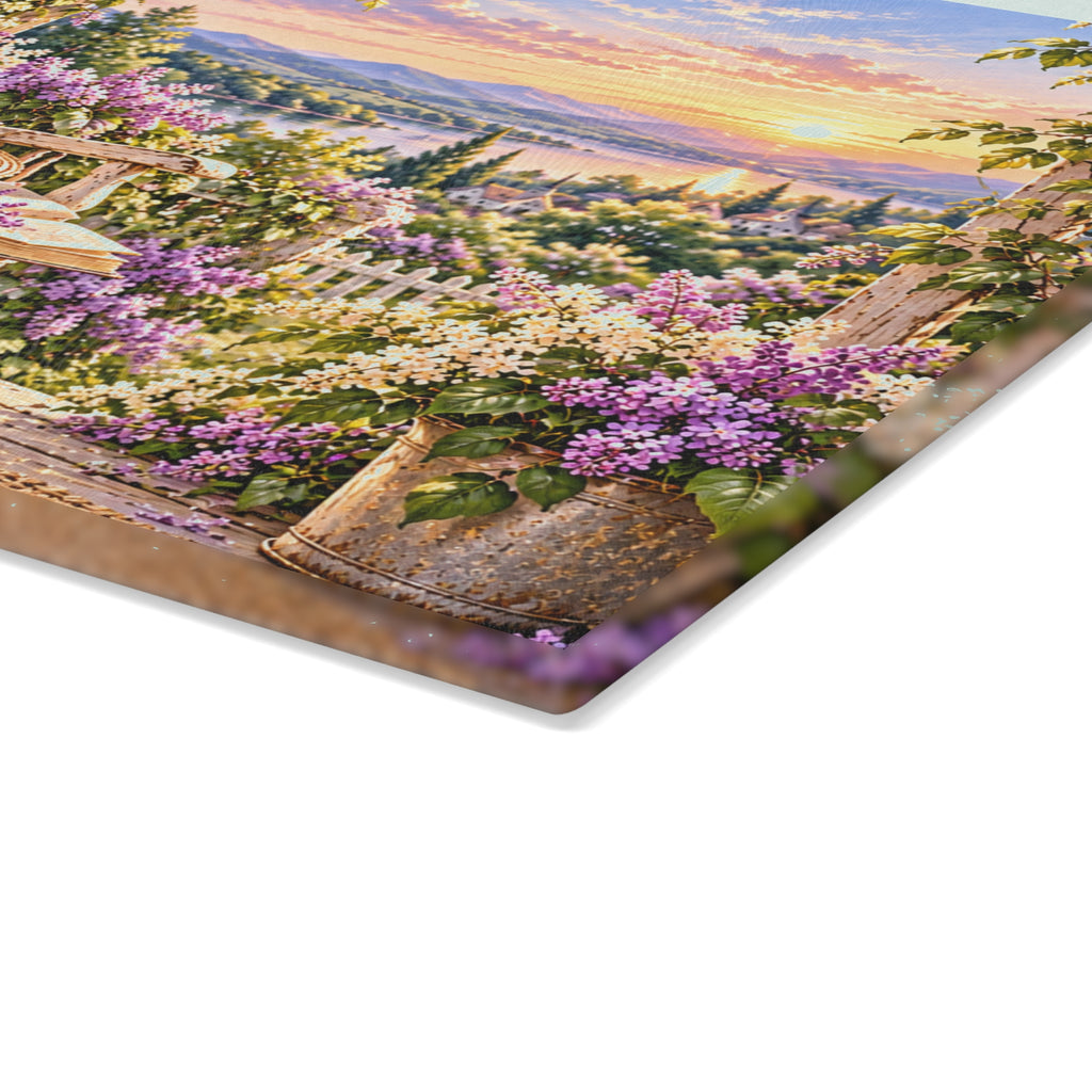 Lavender Porch Glass Cutting Board — Cottage Garden Kitchen Decor