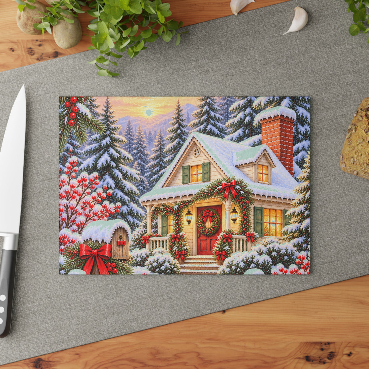 Christmas Cottage Glass Cutting Board — Snowy Holiday Kitchen Decor