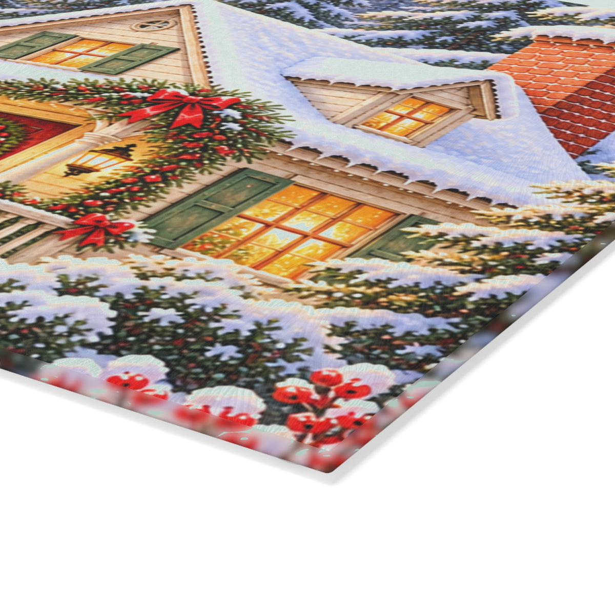 Christmas Cottage Glass Cutting Board — Snowy Holiday Kitchen Decor