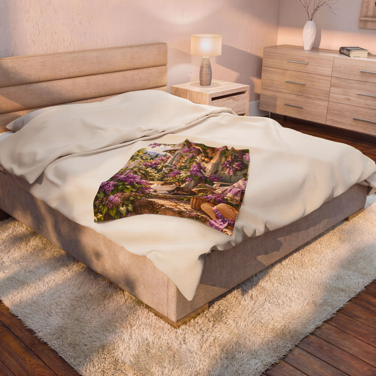 Cottage Garden Cat Plush Blanket — Floral Throw