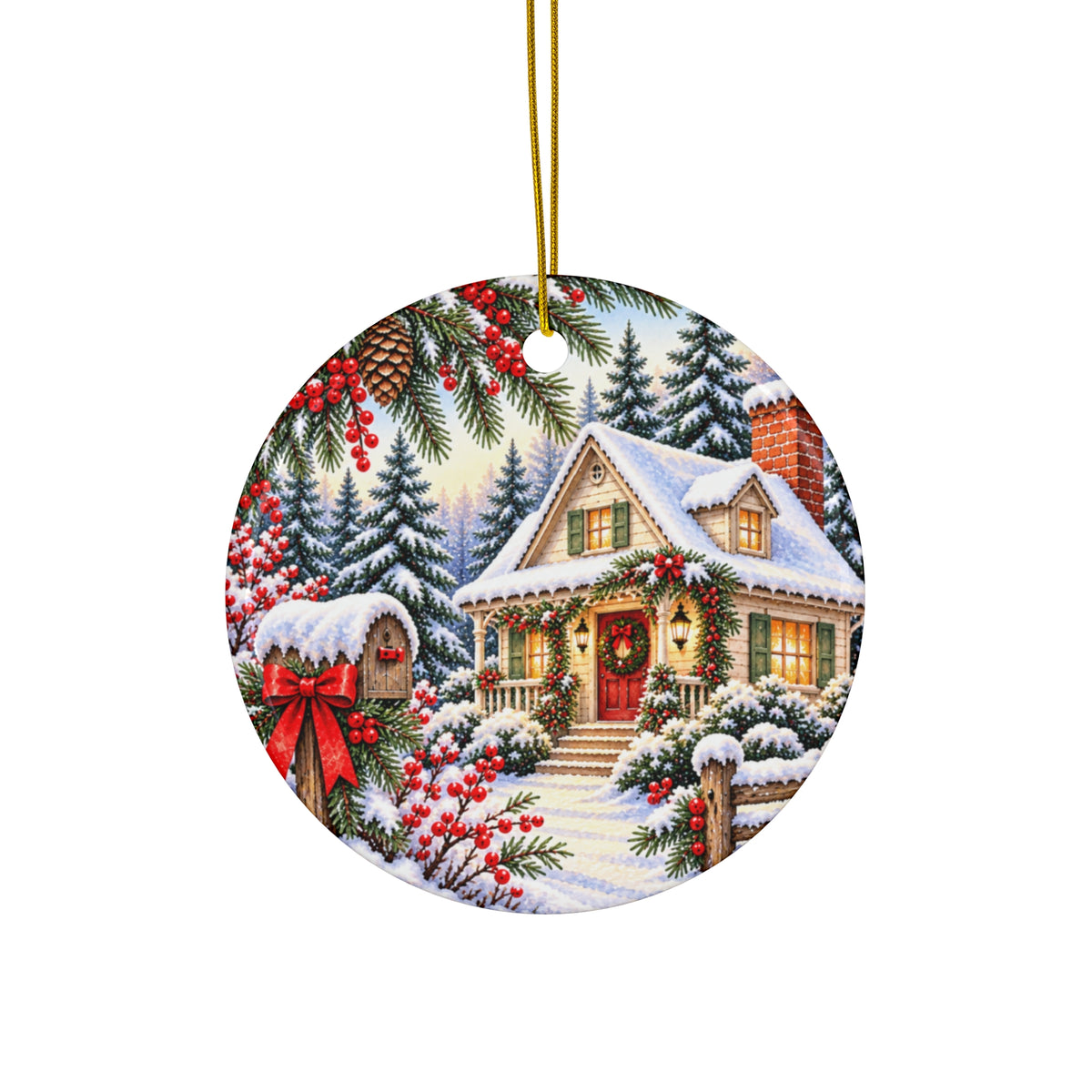 Christmas Cottage Ceramic Ornament — Snowy Holiday Keepsake