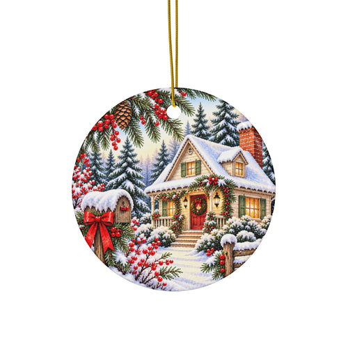 Christmas Cottage Ceramic Ornament — Snowy Holiday Keepsake