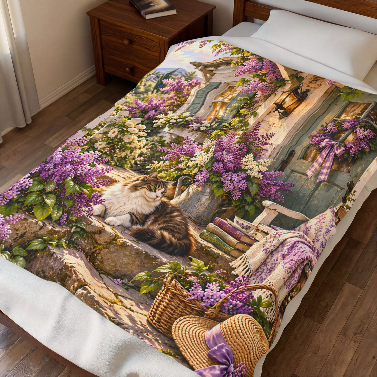 Cottage Garden Cat Plush Blanket — Floral Throw