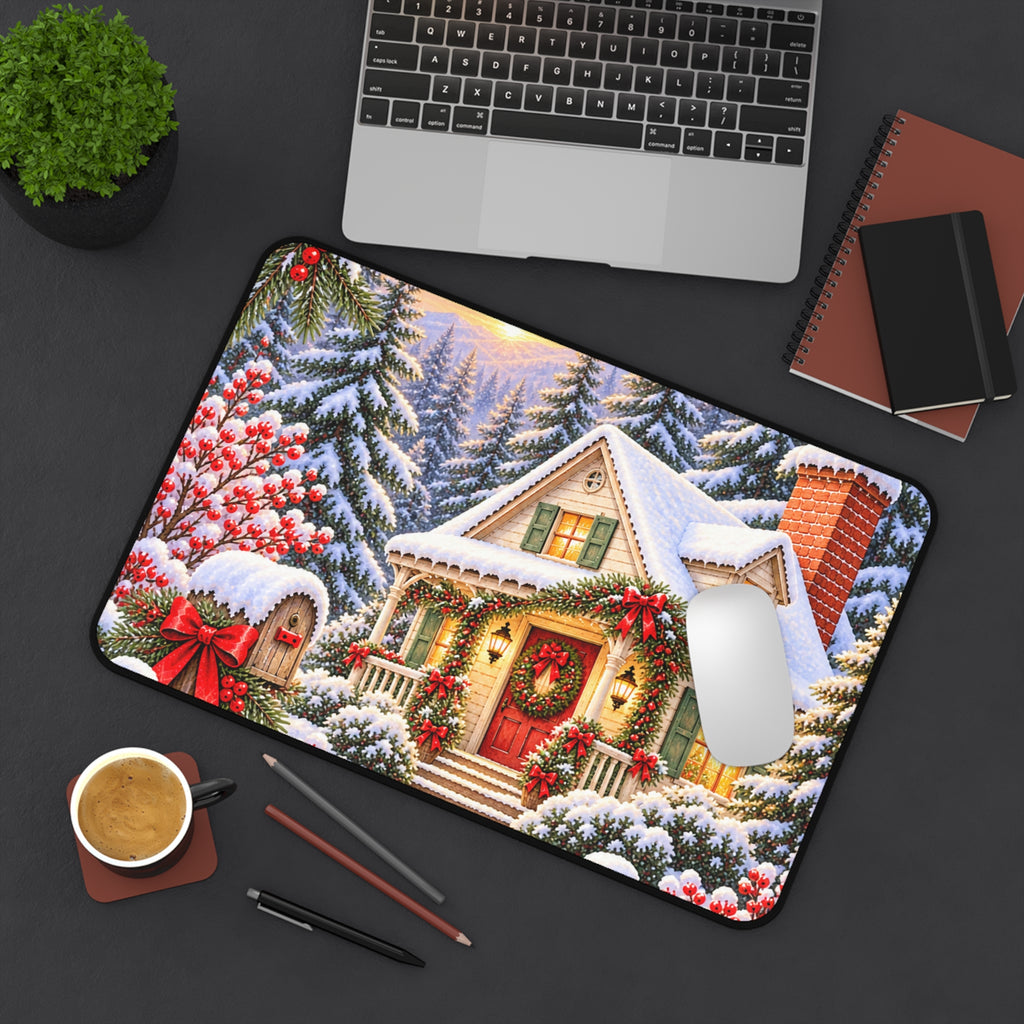 Christmas Cottage Desk Mat — Snowy Holiday Workspace