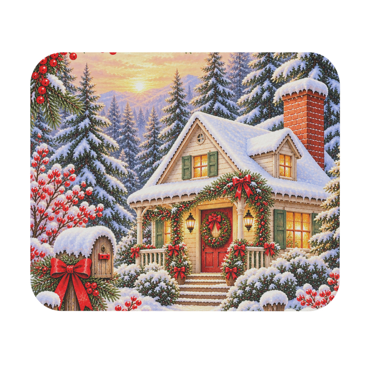 Christmas Cottage Mouse Pad — Snowy Holiday Desk Decor