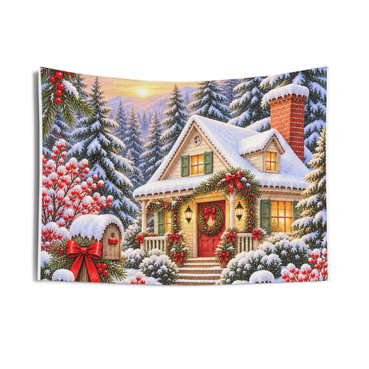 Christmas Cottage Wall Tapestry — Snowy Winter Scene
