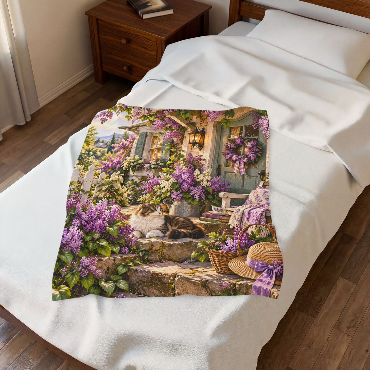 Cottage Garden Cat Plush Blanket — Floral Throw