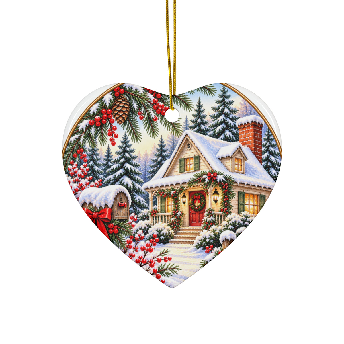 Christmas Cottage Ceramic Ornament — Snowy Holiday Keepsake