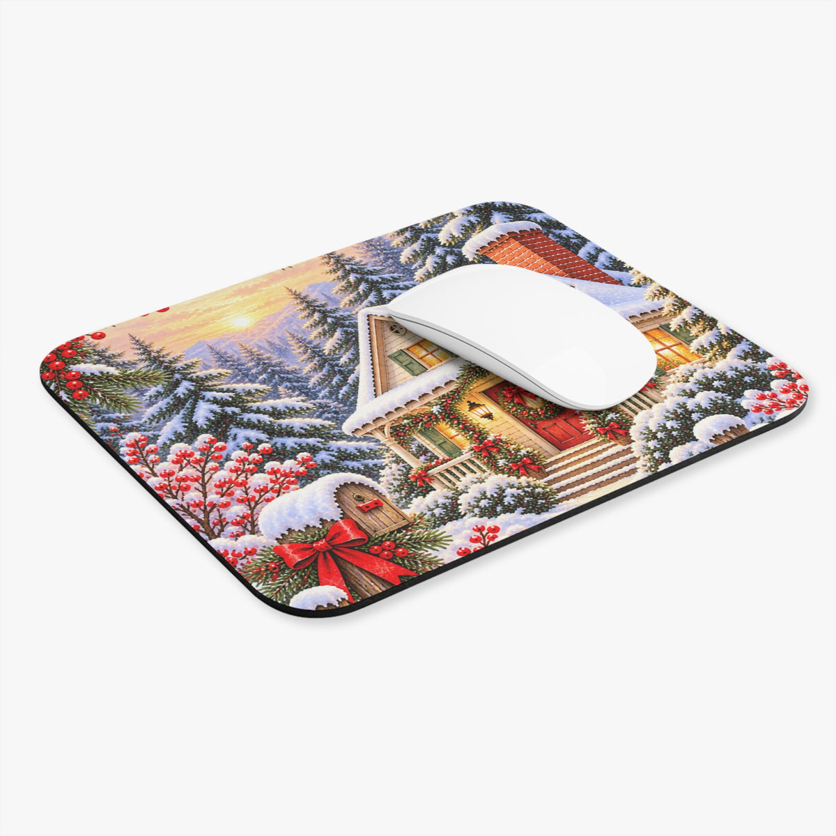 Christmas Cottage Mouse Pad — Snowy Holiday Desk Decor
