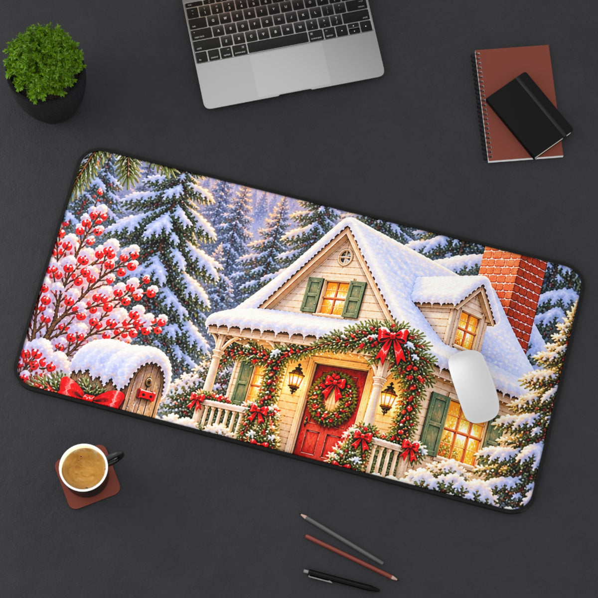 Christmas Cottage Desk Mat — Snowy Holiday Workspace