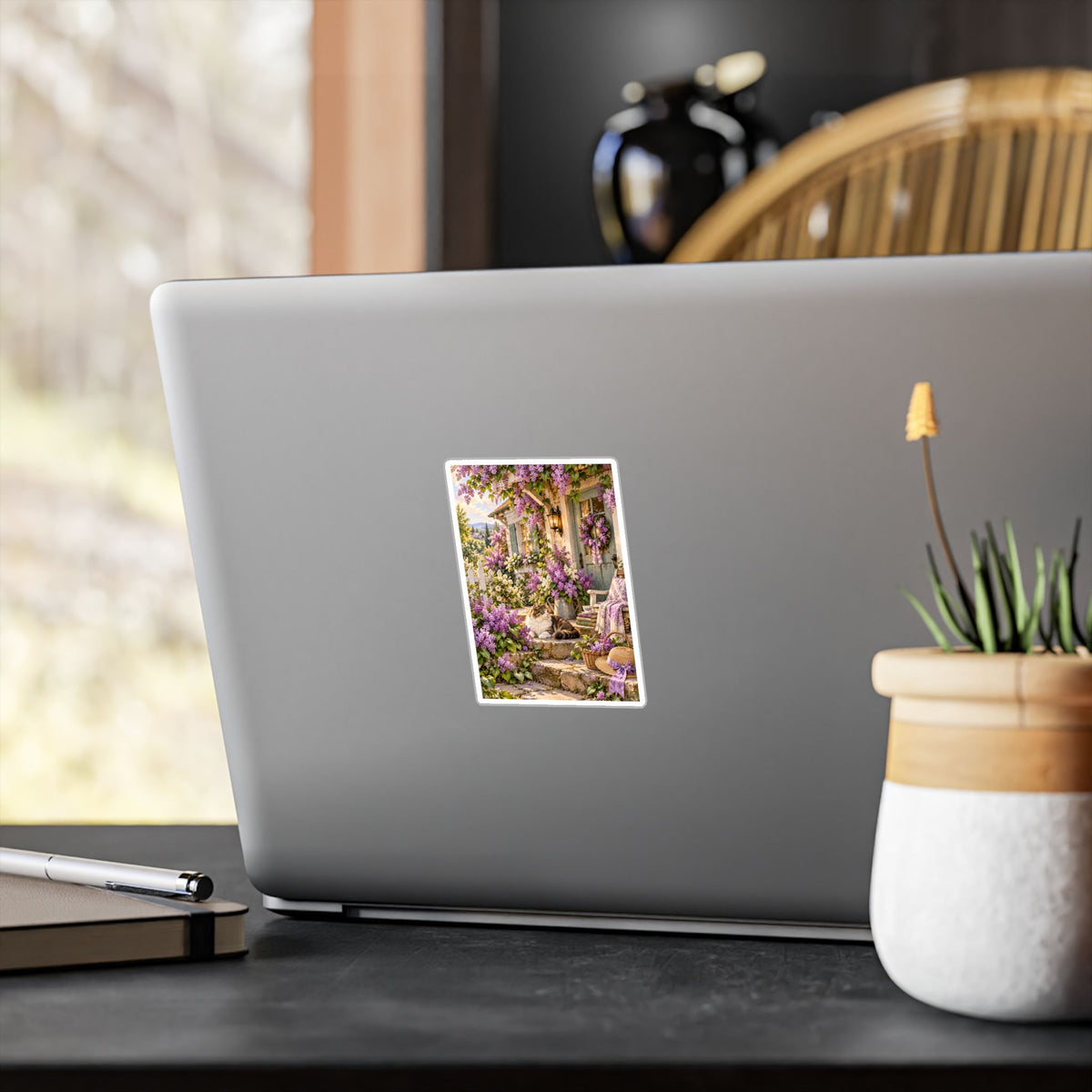 Cottage Garden Cat Vinyl Sticker — Lilacs & Floral Decal