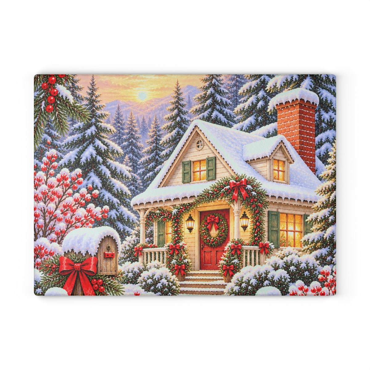 Christmas Cottage Glass Cutting Board — Snowy Holiday Kitchen Decor