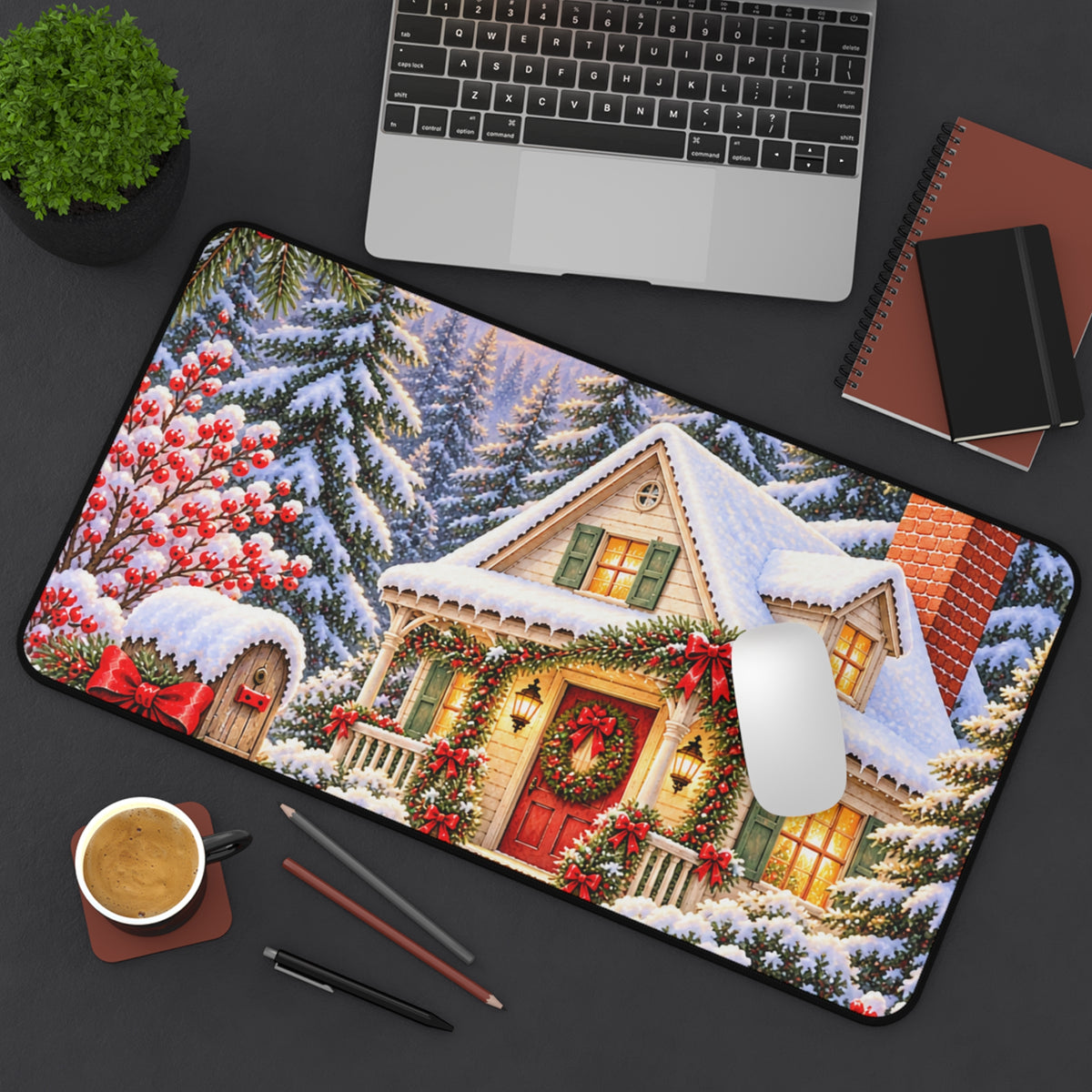Christmas Cottage Desk Mat — Snowy Holiday Workspace