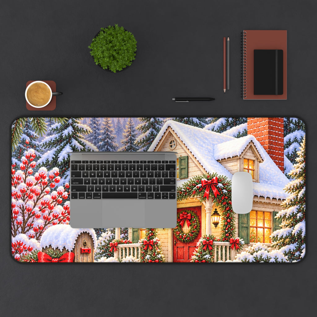 Christmas Cottage Desk Mat — Snowy Holiday Workspace