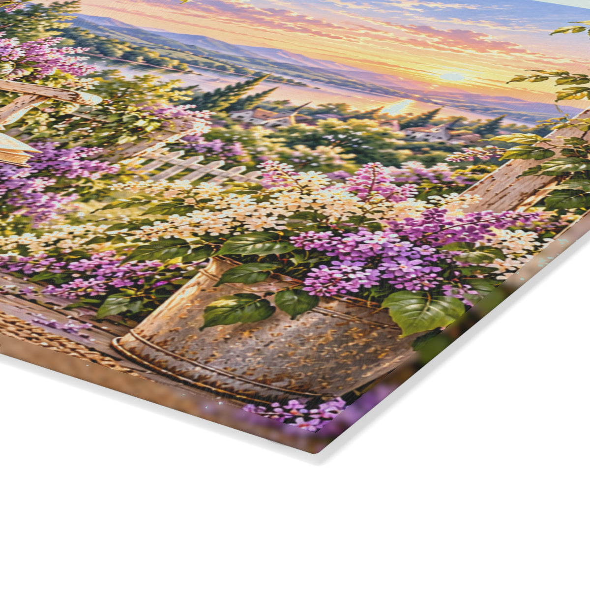 Lavender Porch Glass Cutting Board — Cottage Garden Kitchen Decor