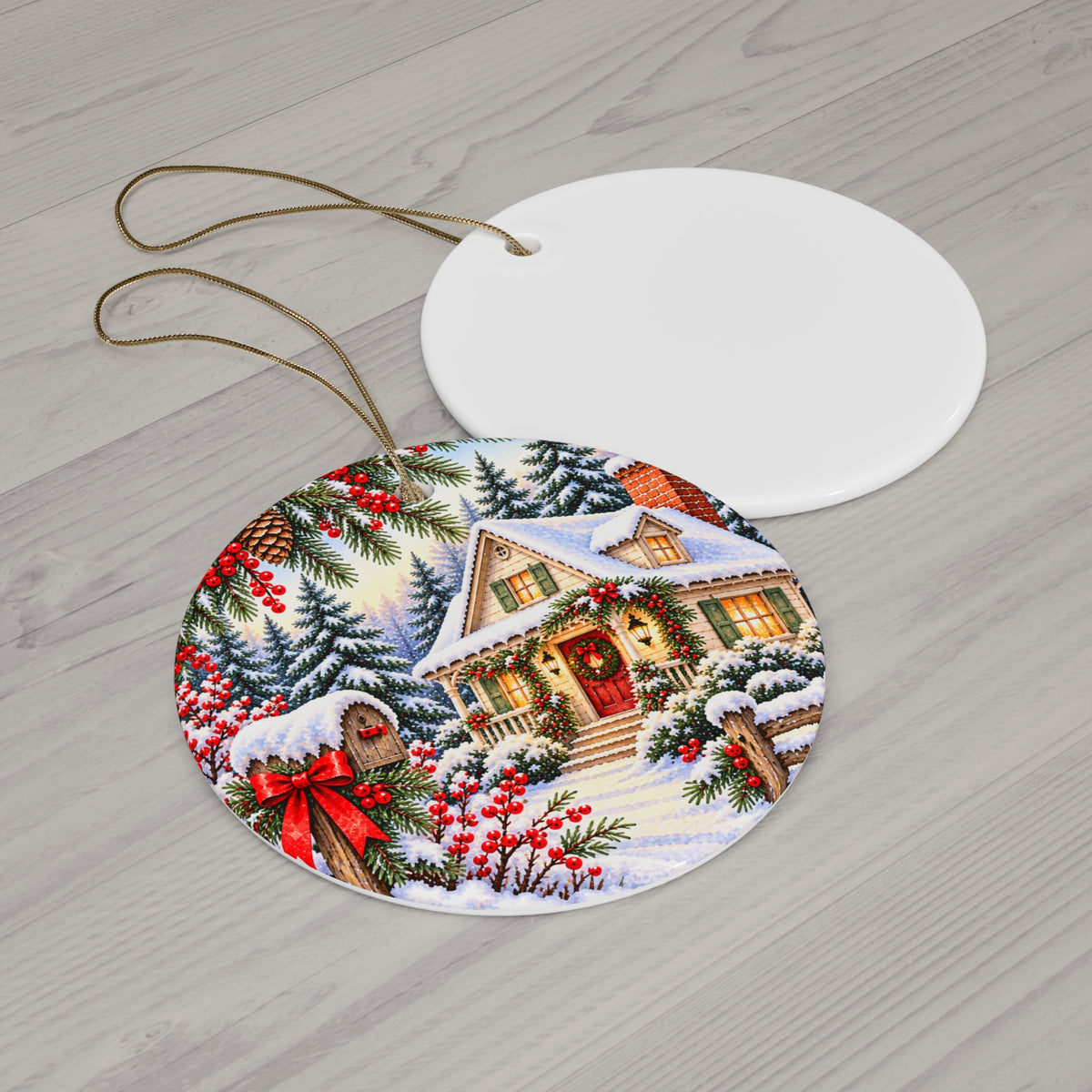 Christmas Cottage Ceramic Ornament — Snowy Holiday Keepsake