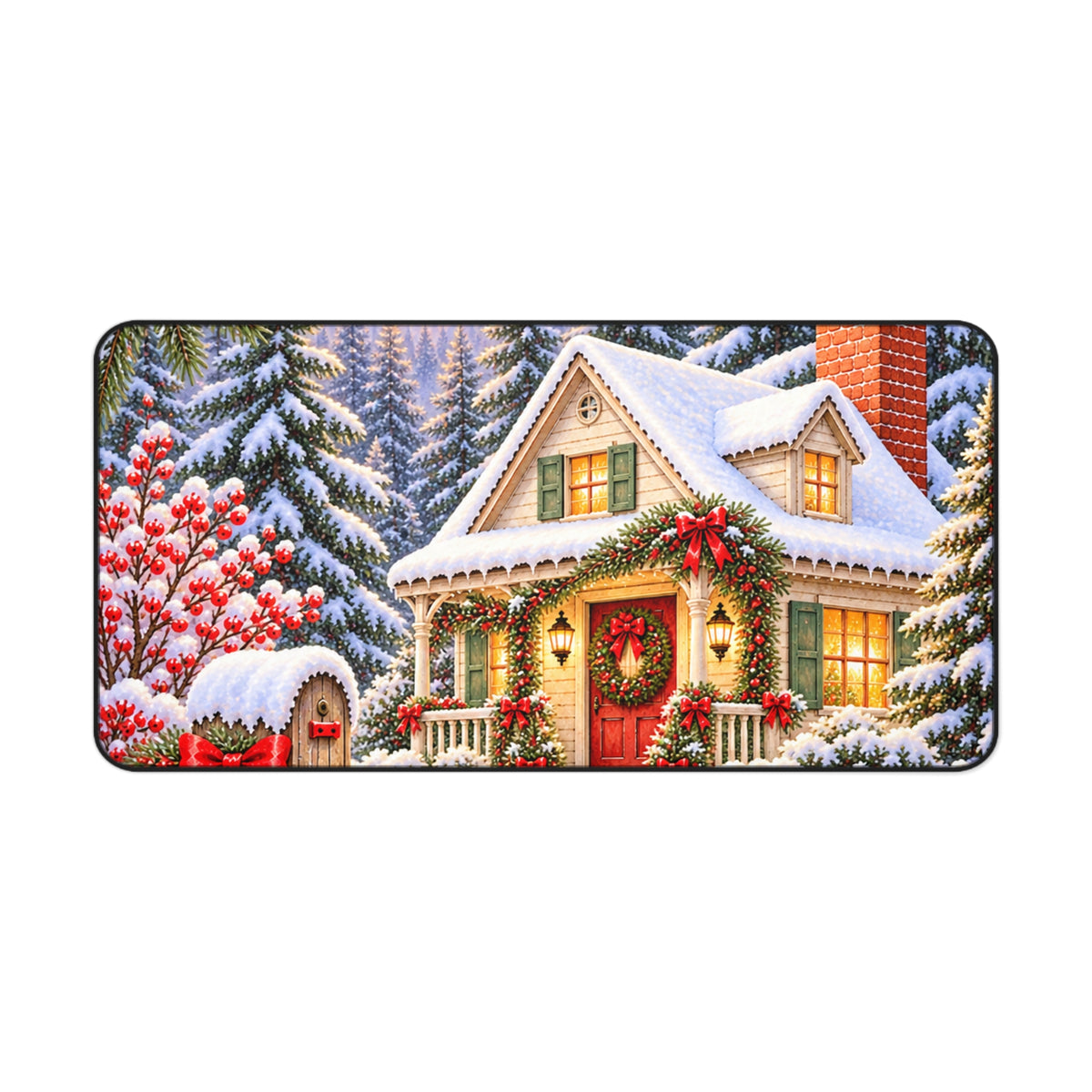 Christmas Cottage Desk Mat — Snowy Holiday Workspace
