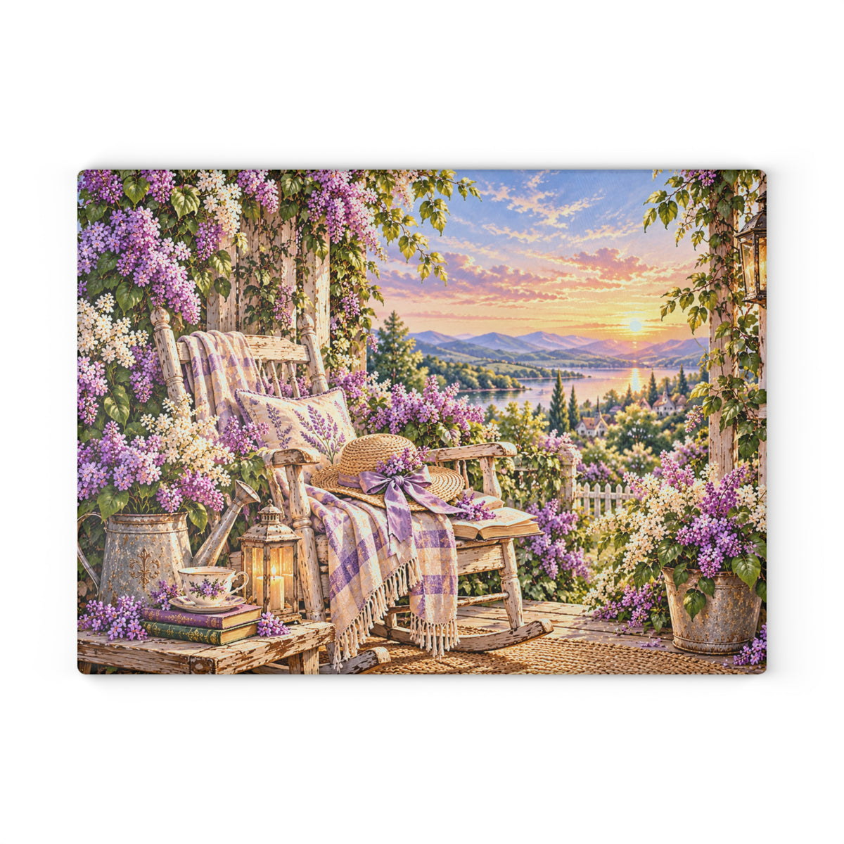Lavender Porch Glass Cutting Board — Cottage Garden Kitchen Decor