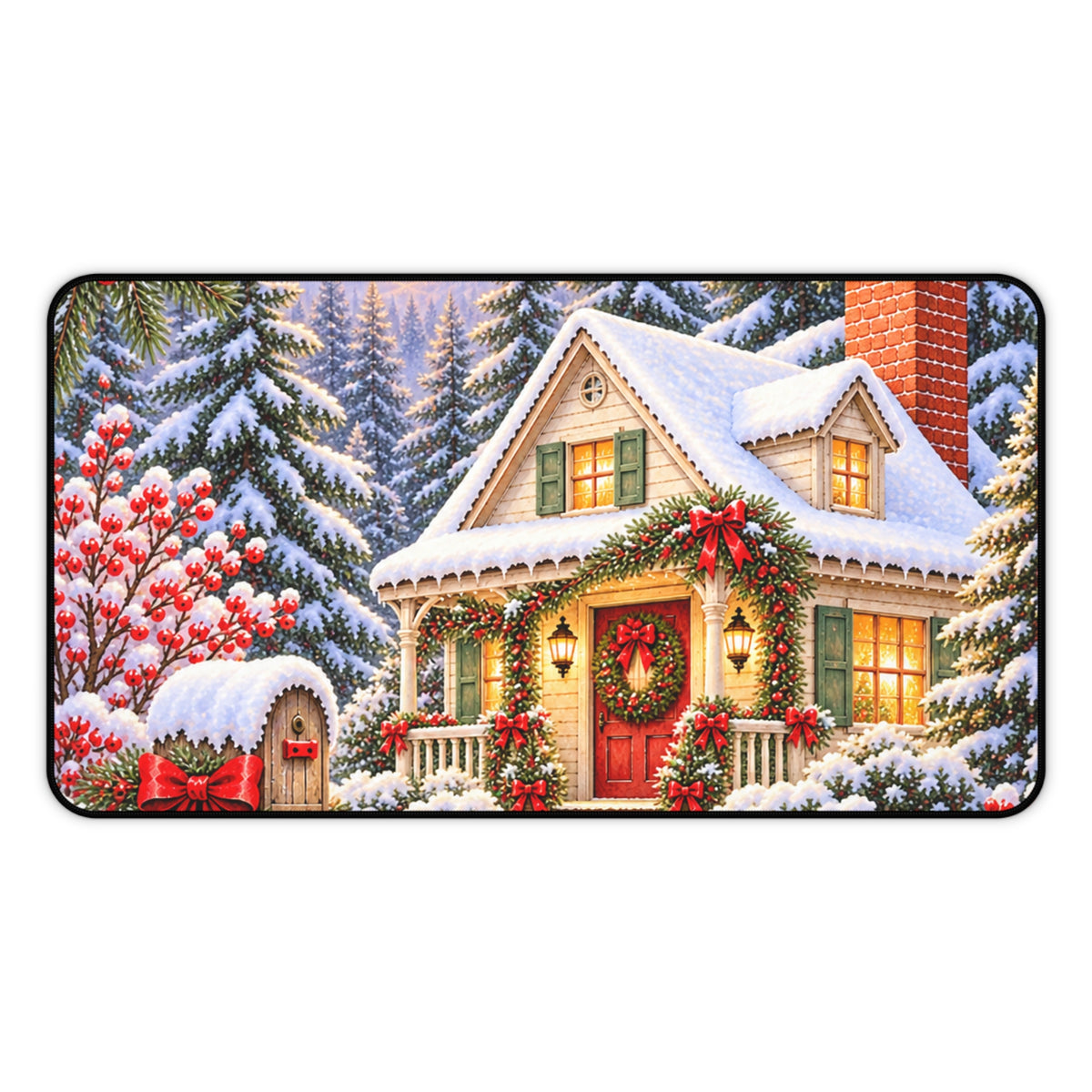 Christmas Cottage Desk Mat — Snowy Holiday Workspace