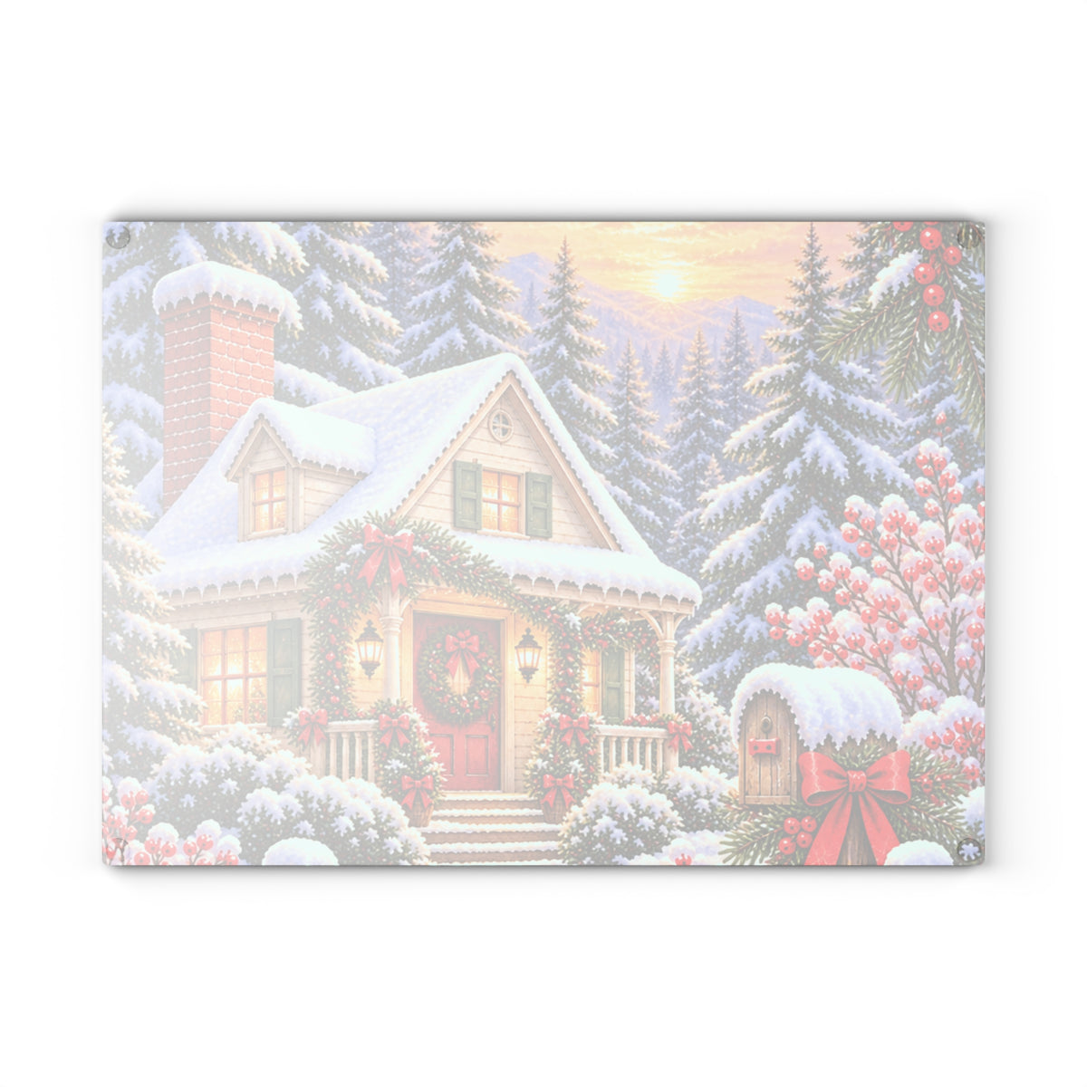 Christmas Cottage Glass Cutting Board — Snowy Holiday Kitchen Decor