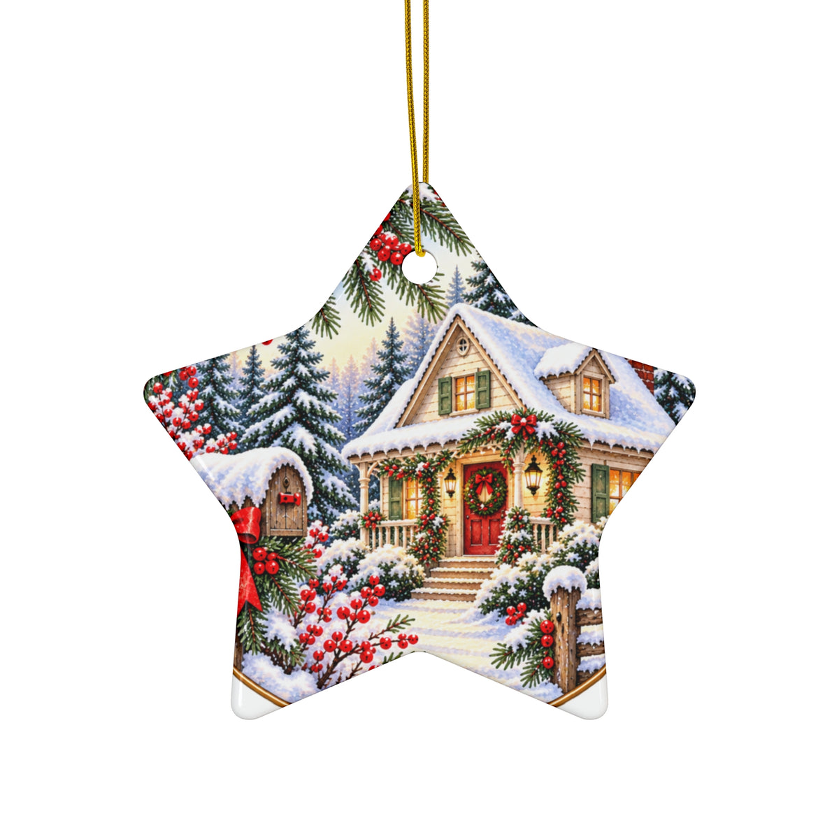 Christmas Cottage Ceramic Ornament — Snowy Holiday Keepsake