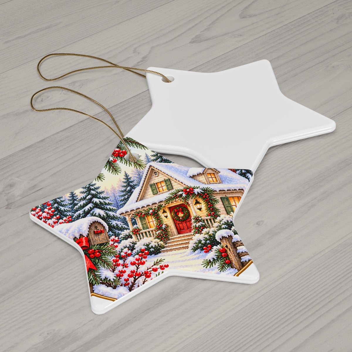 Christmas Cottage Ceramic Ornament — Snowy Holiday Keepsake