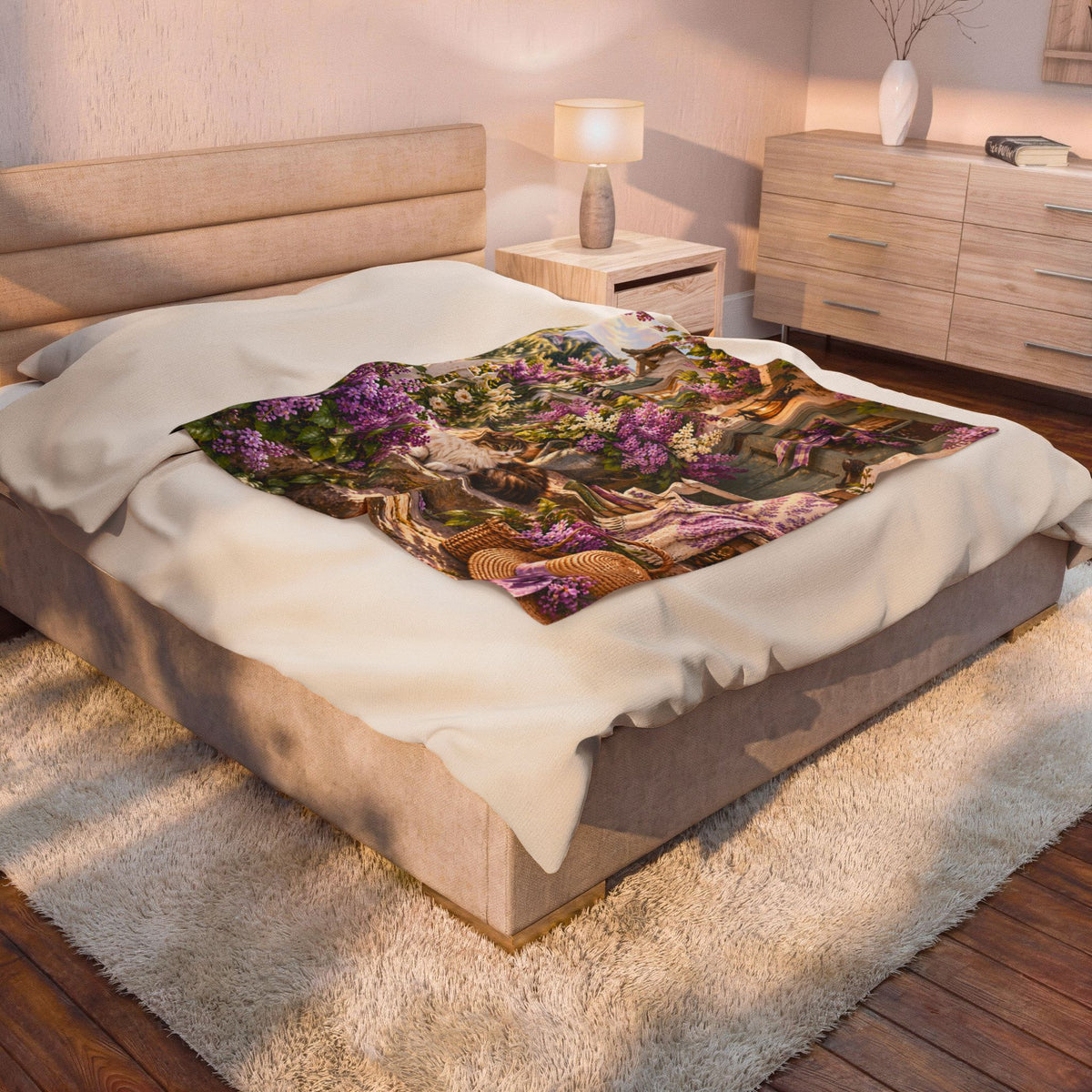 Cottage Garden Cat Plush Blanket — Floral Throw