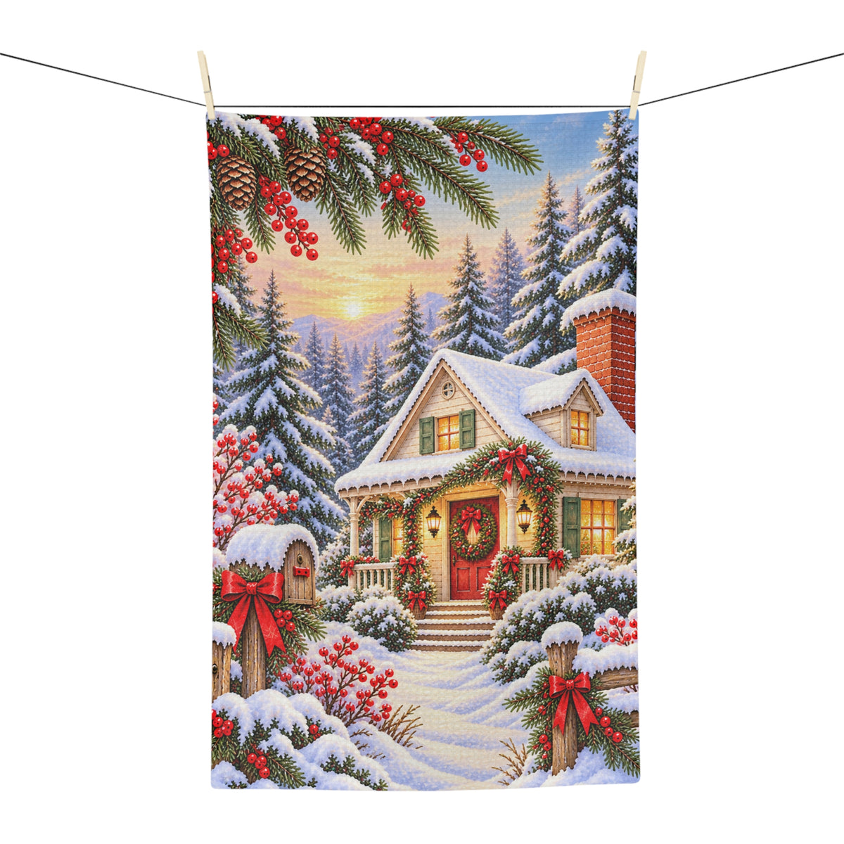 Christmas Cottage Tea Towel — Snowy Holiday Kitchen Decor