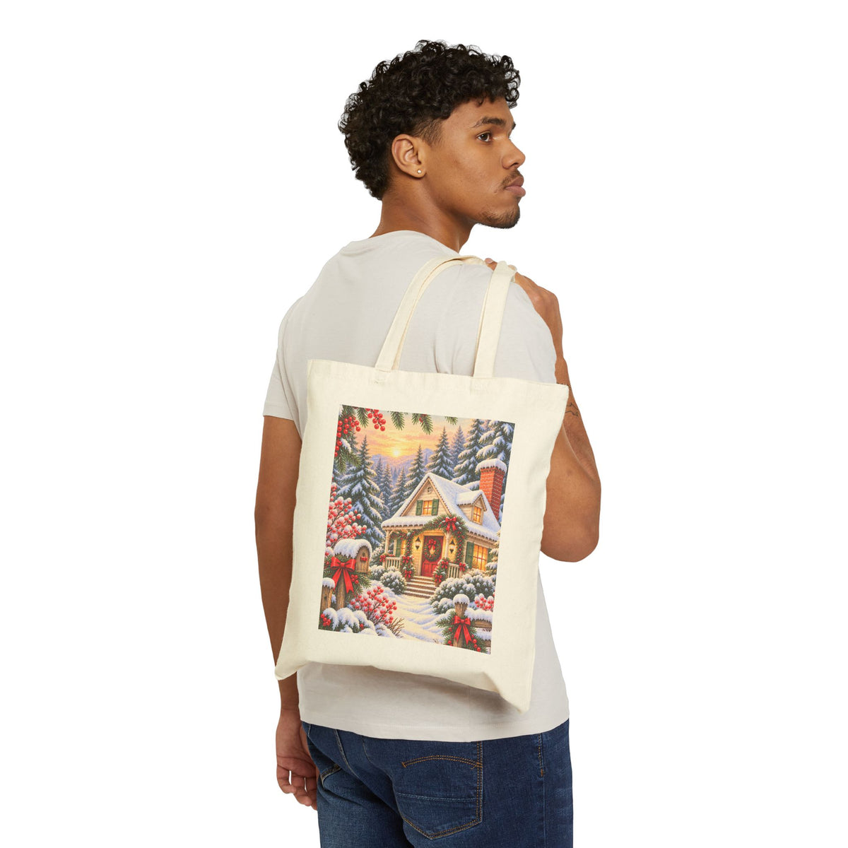 Christmas Cottage Canvas Tote — Snowy Holiday Market Bag