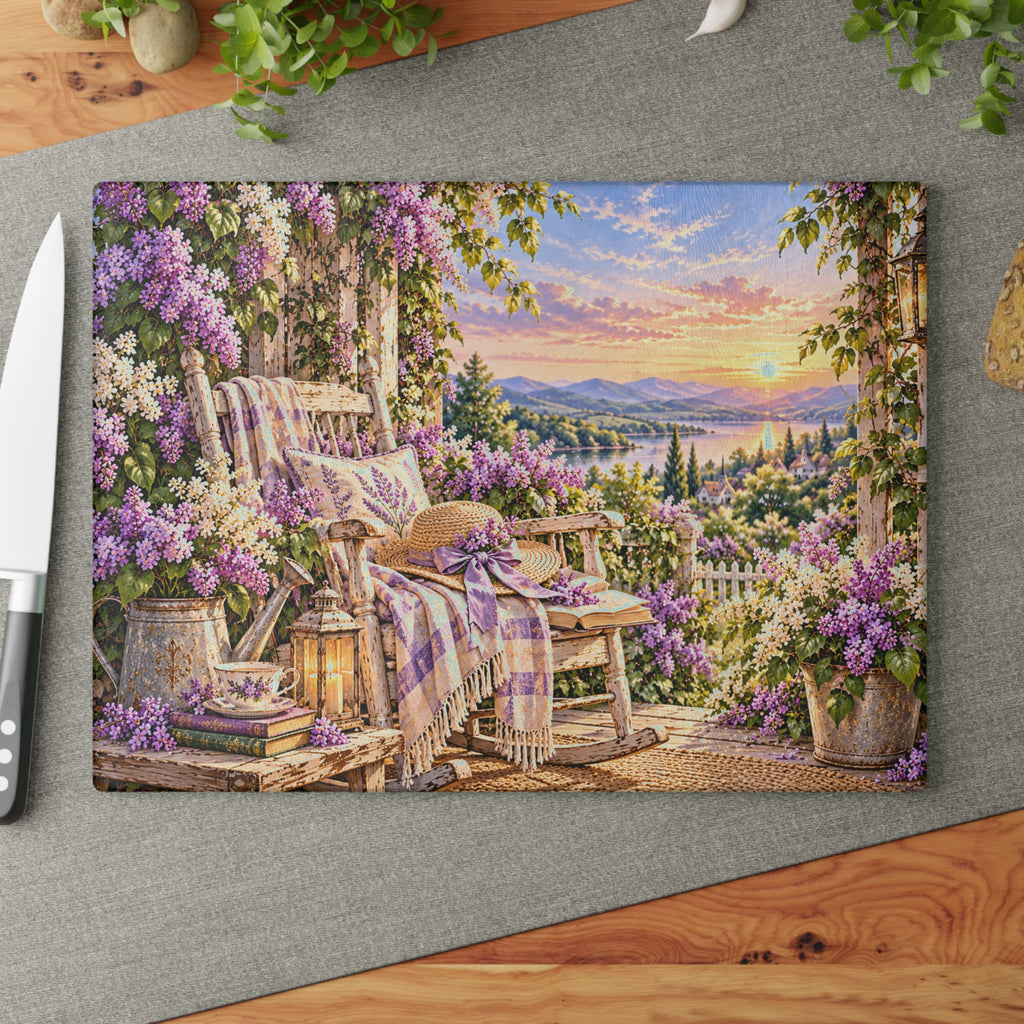 Lavender Porch Glass Cutting Board — Cottage Garden Kitchen Decor