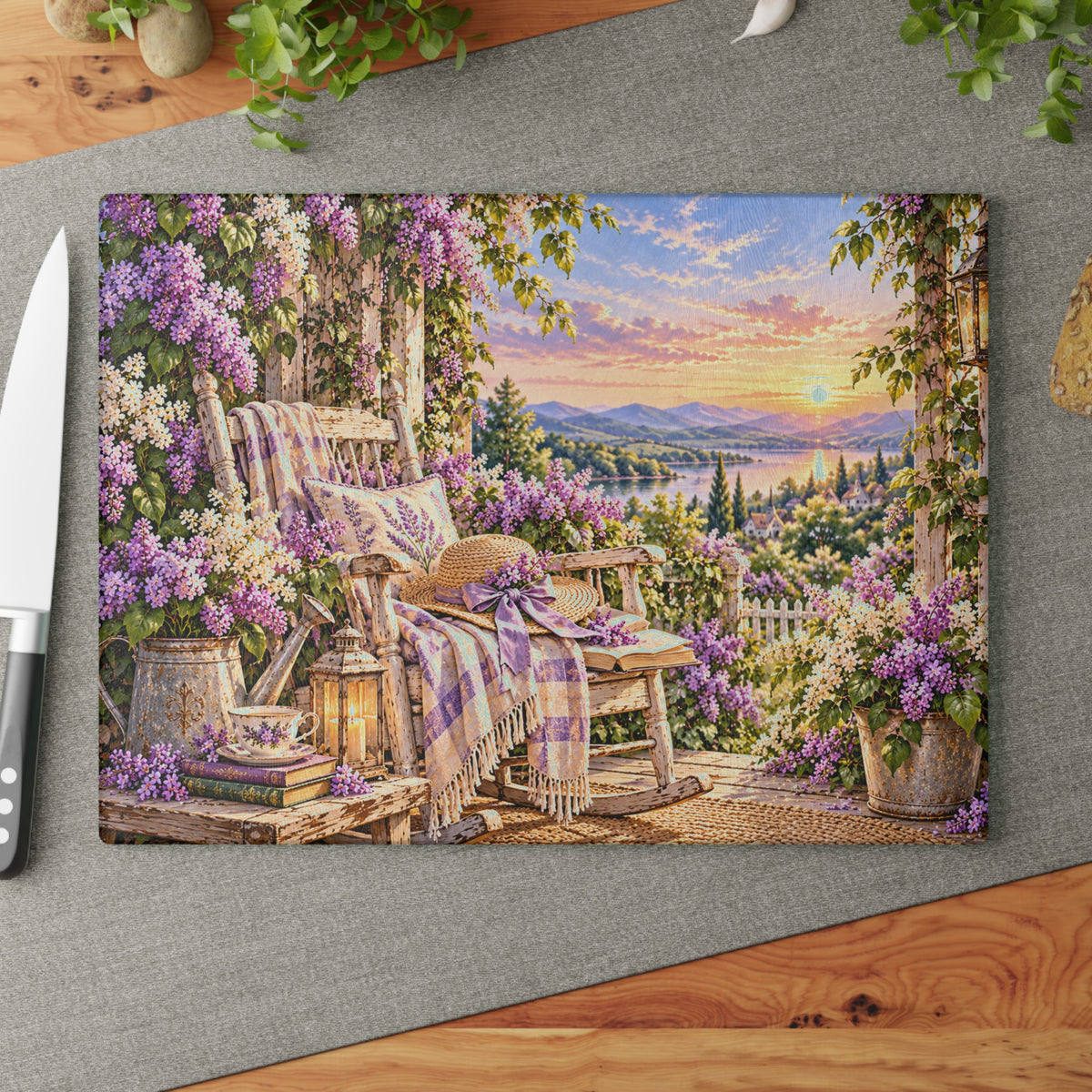 Lavender Porch Glass Cutting Board — Cottage Garden Kitchen Decor