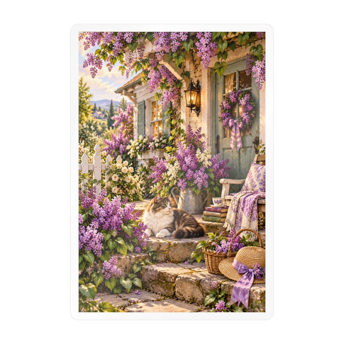 Cottage Garden Cat Vinyl Sticker — Lilacs & Floral Decal