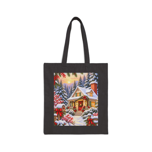Christmas Cottage Canvas Tote — Snowy Holiday Market Bag