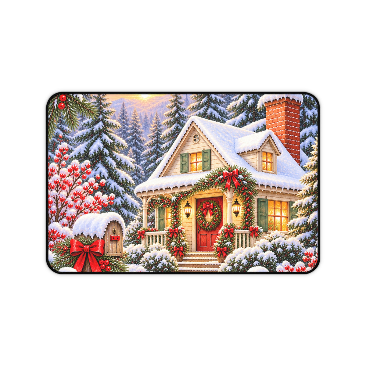 Christmas Cottage Desk Mat — Snowy Holiday Workspace