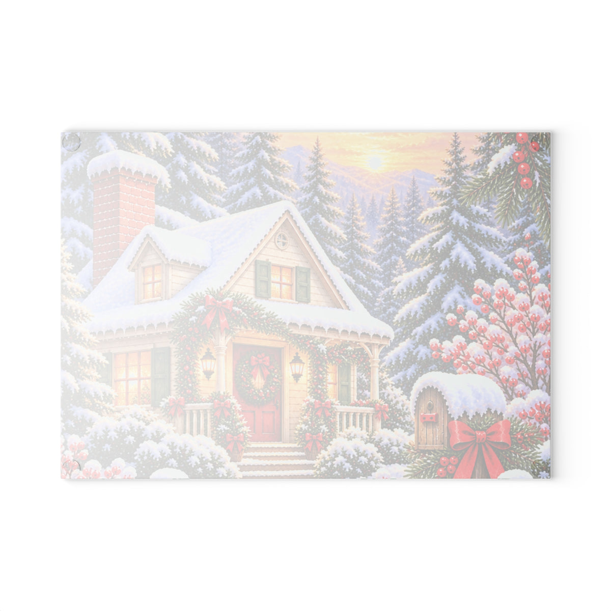 Christmas Cottage Glass Cutting Board — Snowy Holiday Kitchen Decor