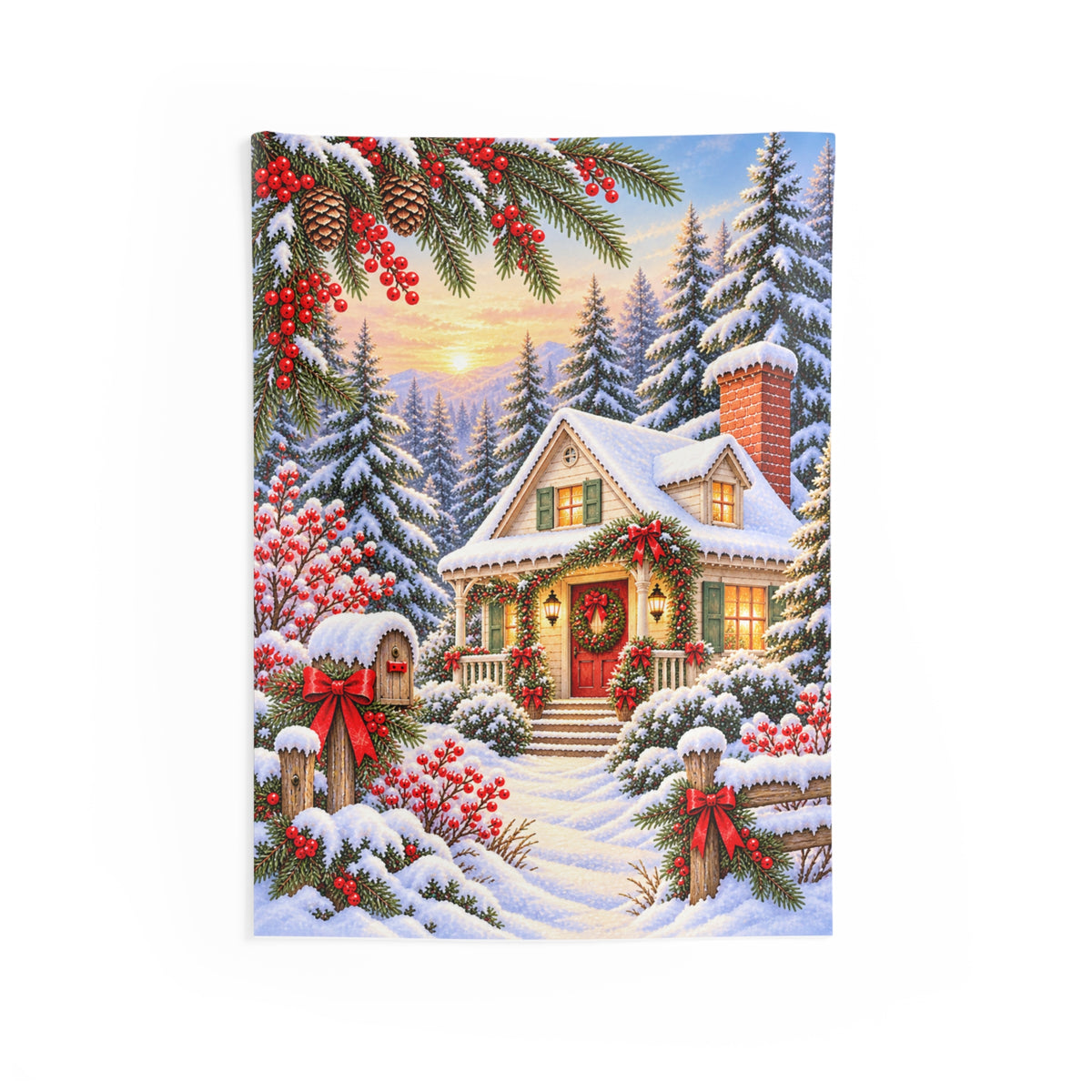 Christmas Cottage Wall Tapestry — Snowy Winter Scene