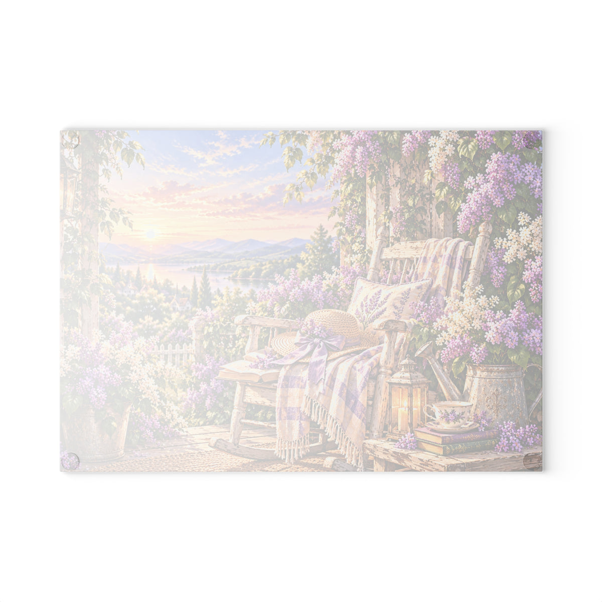 Lavender Porch Glass Cutting Board — Cottage Garden Kitchen Decor