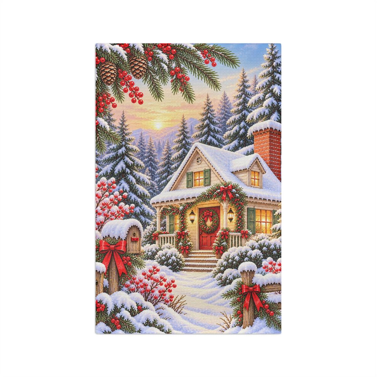 Christmas Cottage Tea Towel — Snowy Holiday Kitchen Decor