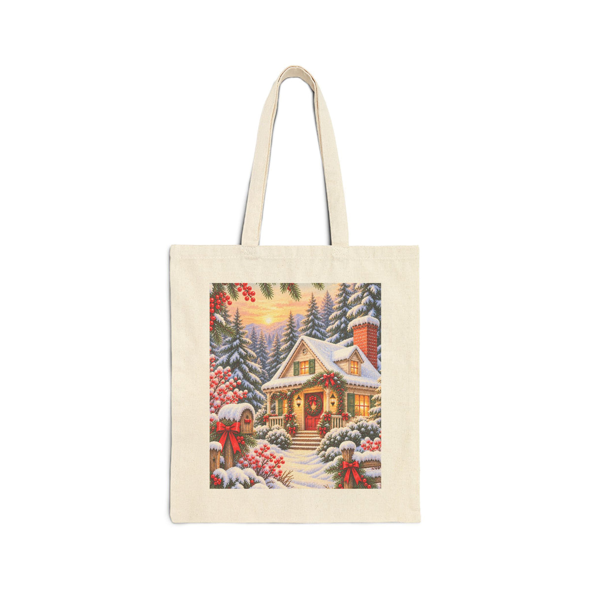 Christmas Cottage Canvas Tote — Snowy Holiday Market Bag