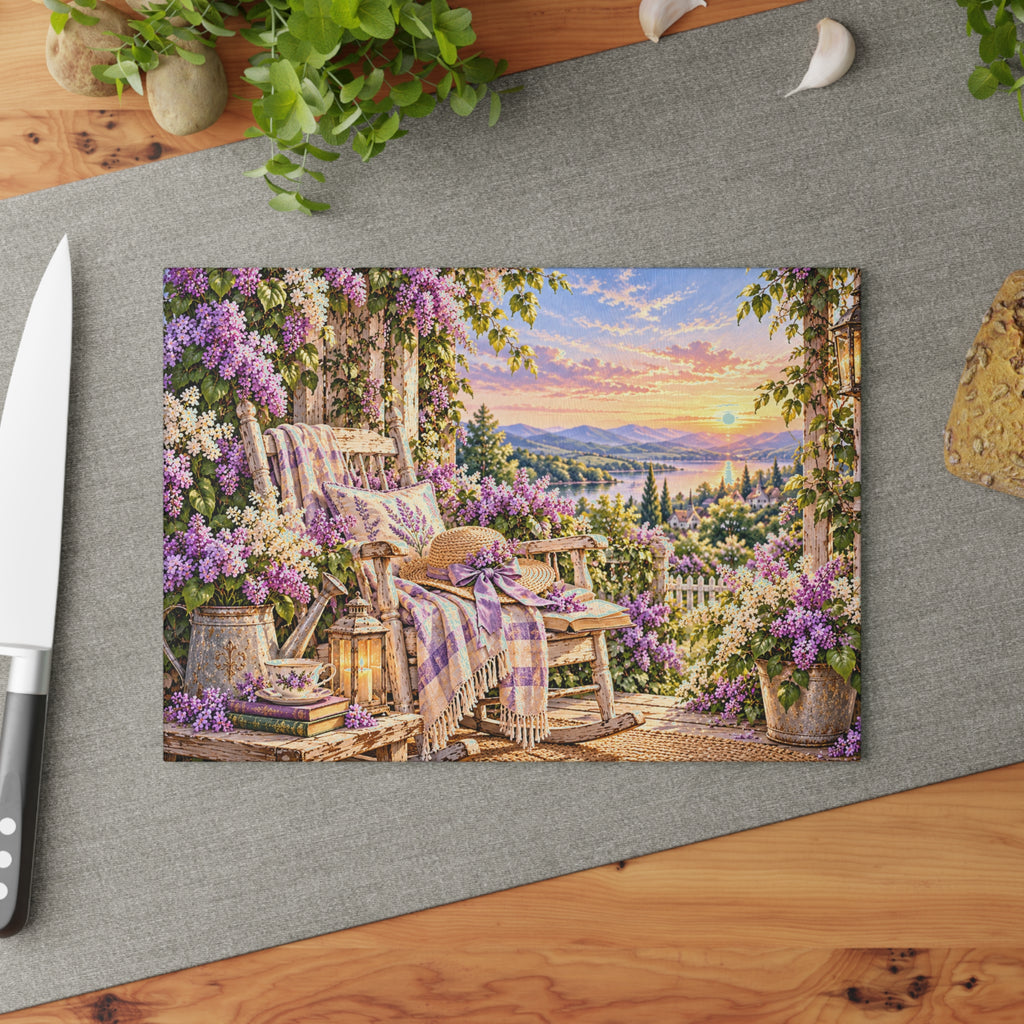 Lavender Porch Glass Cutting Board — Cottage Garden Kitchen Decor