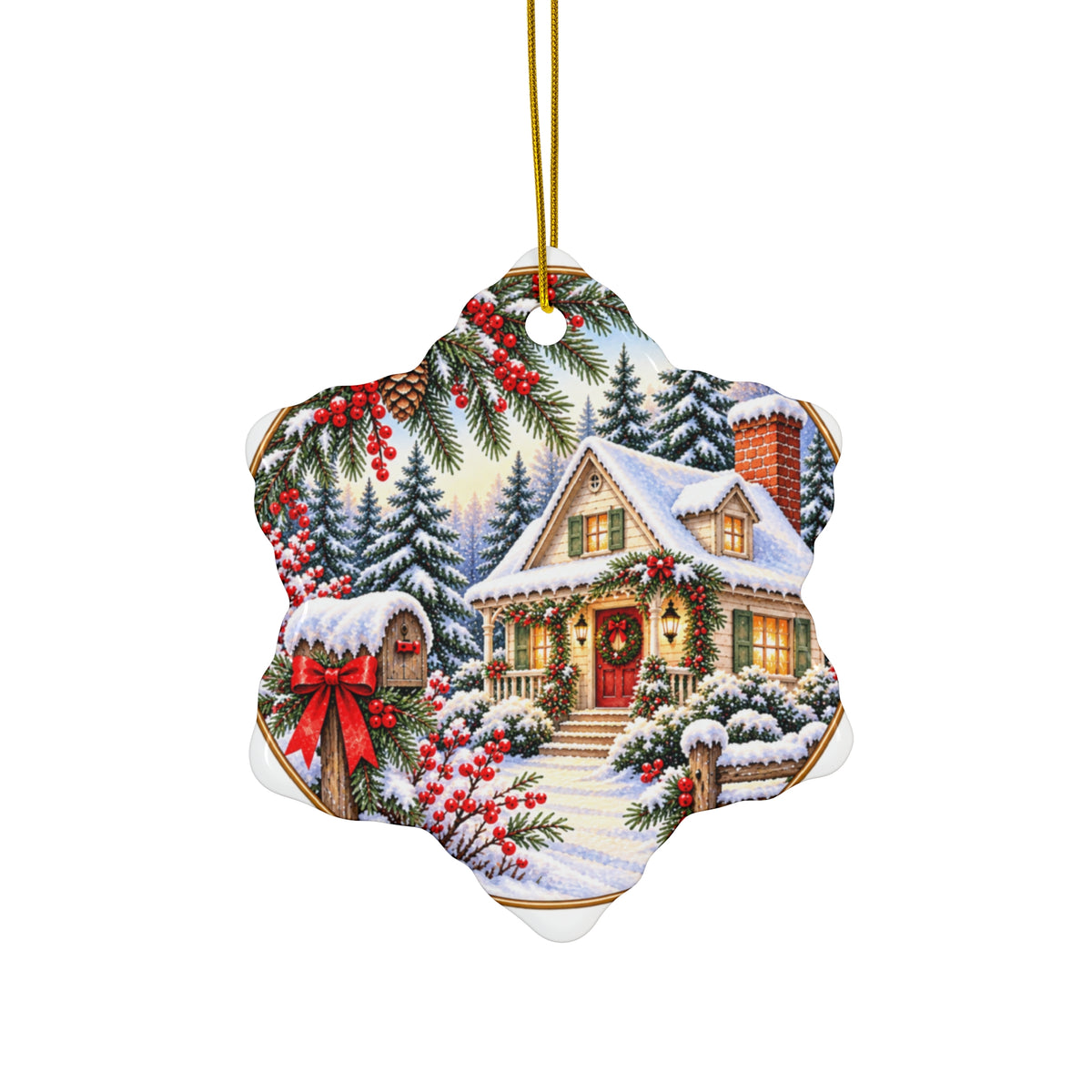 Christmas Cottage Ceramic Ornament — Snowy Holiday Keepsake