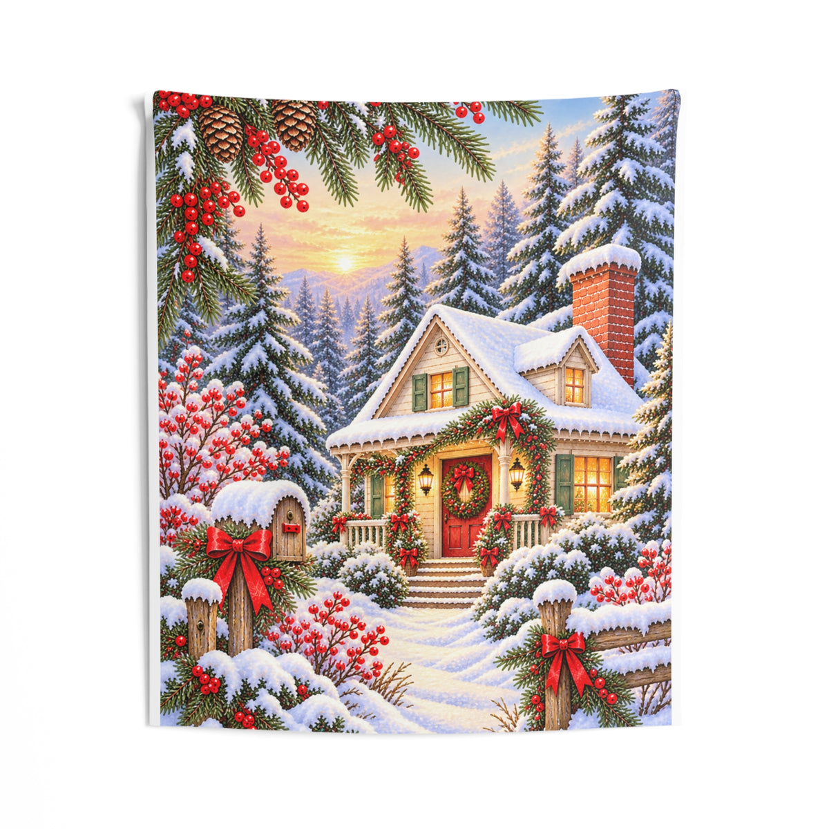Christmas Cottage Wall Tapestry — Snowy Winter Scene