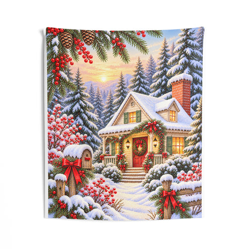 Christmas Cottage Wall Tapestry — Snowy Winter Scene