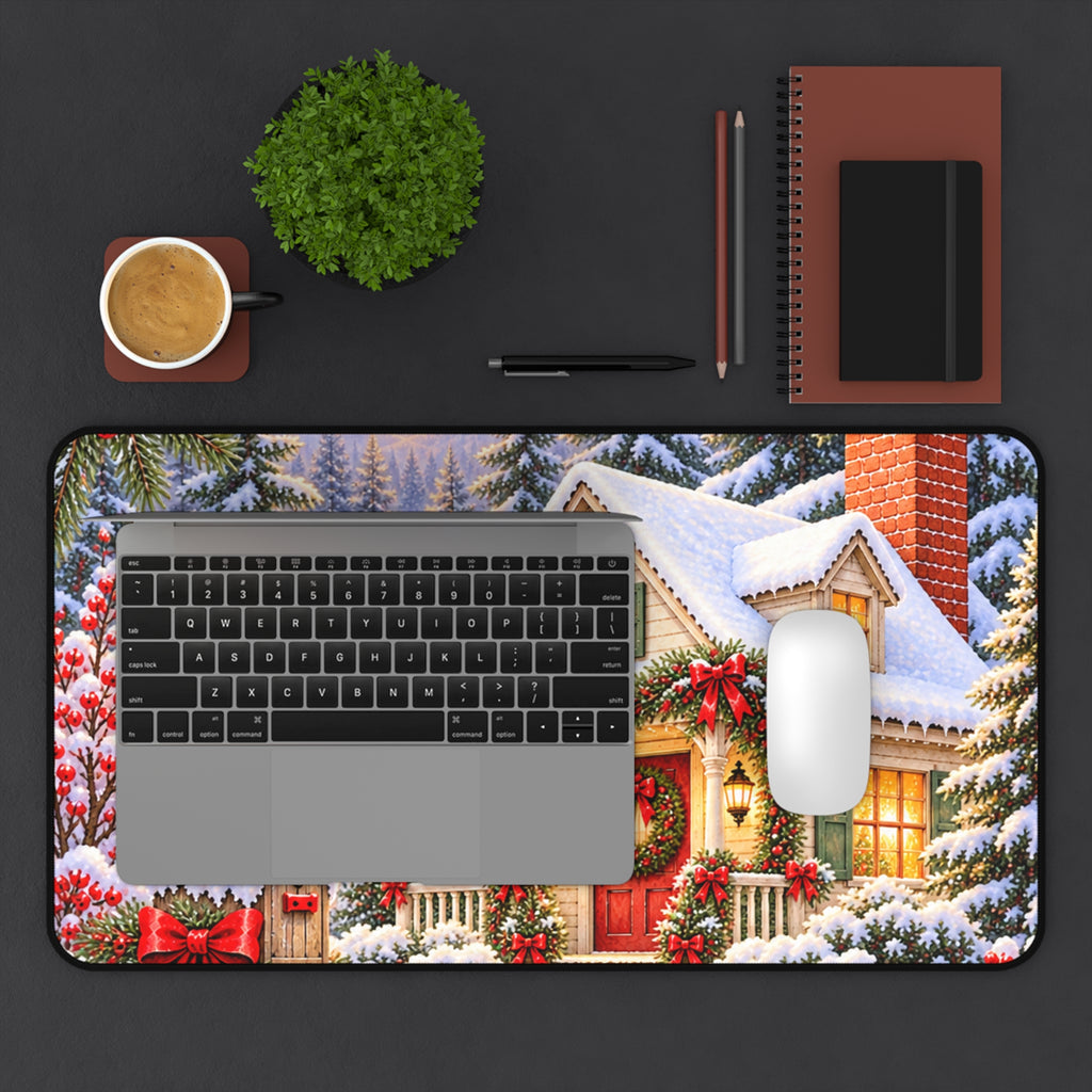 Christmas Cottage Desk Mat — Snowy Holiday Workspace