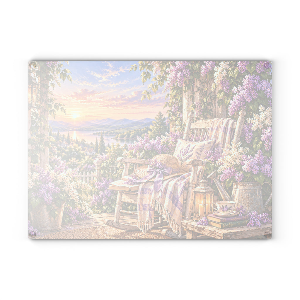 Lavender Porch Glass Cutting Board — Cottage Garden Kitchen Decor