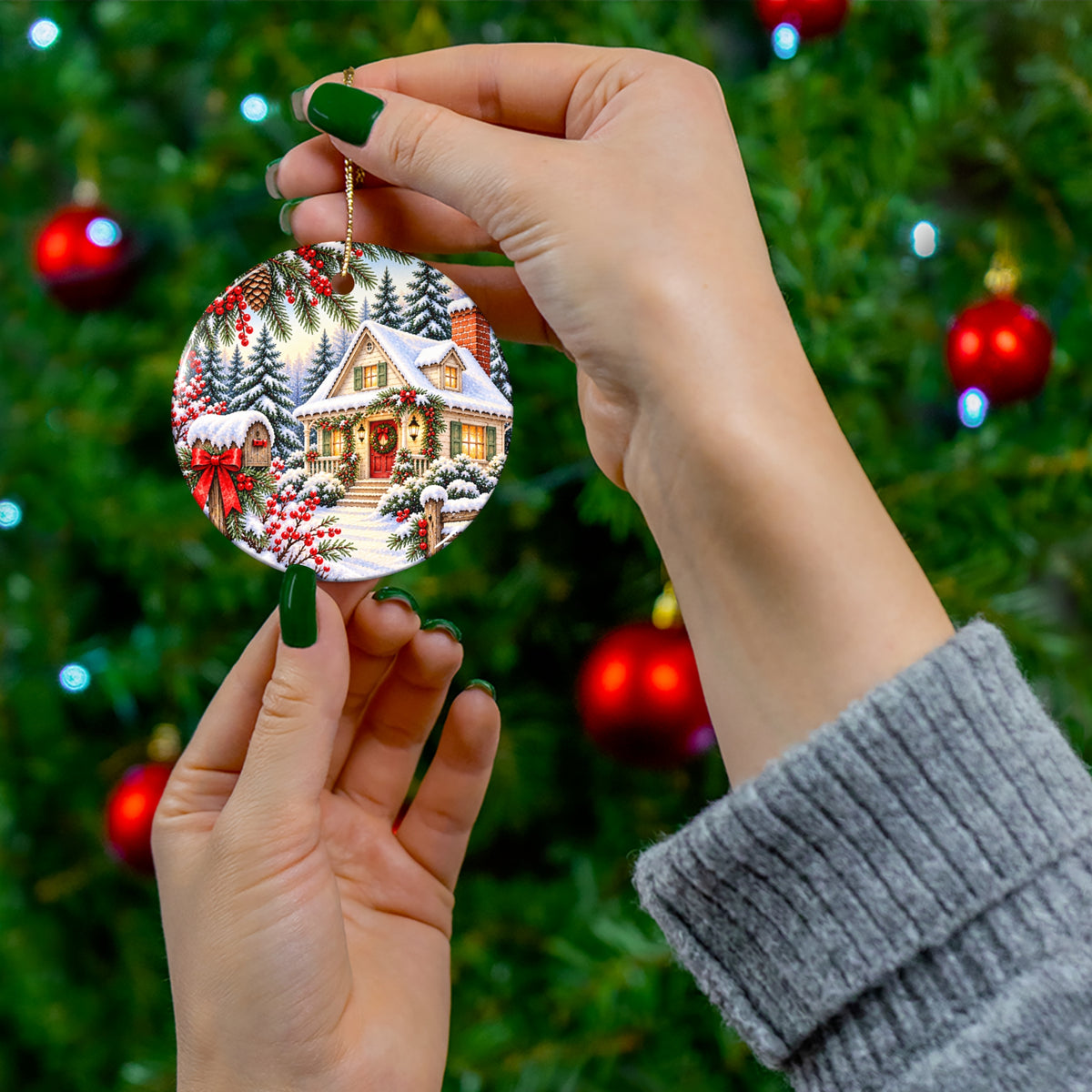 Christmas Cottage Ceramic Ornament — Snowy Holiday Keepsake