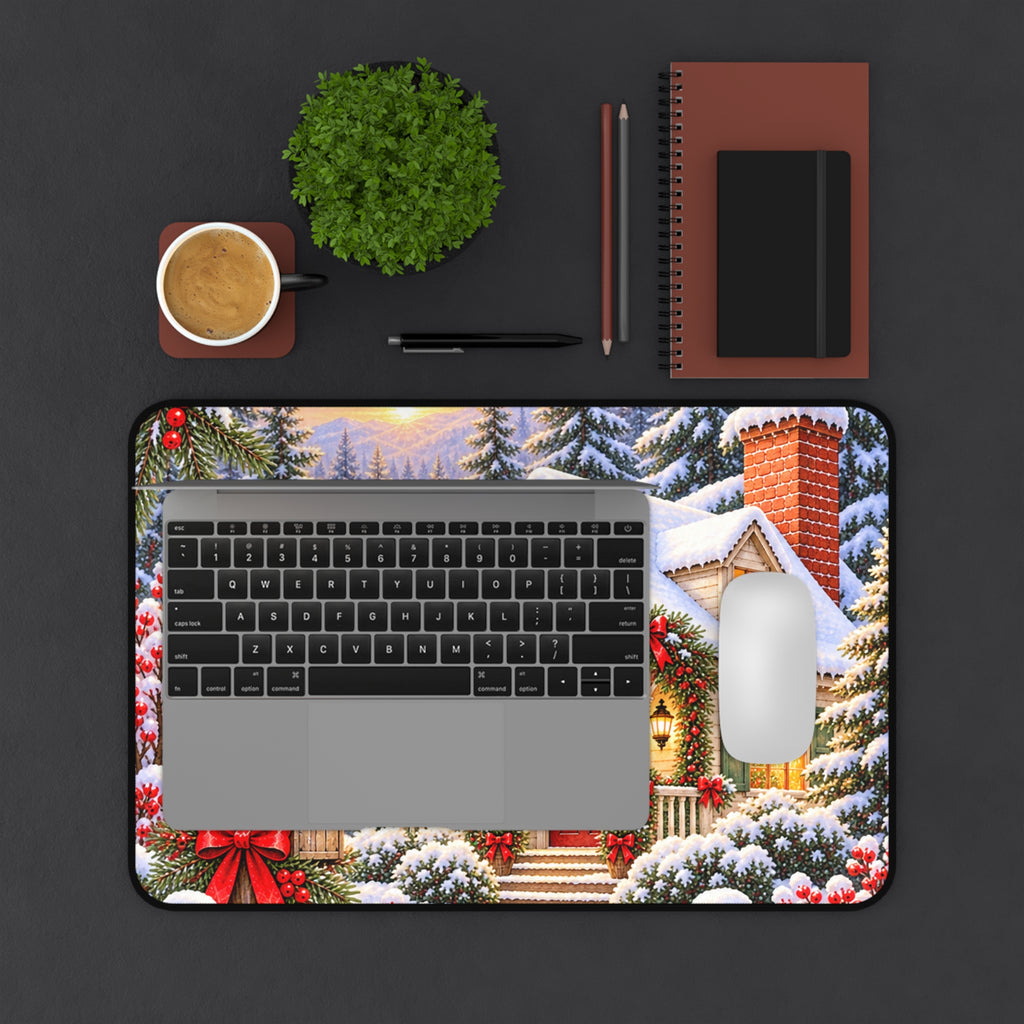 Christmas Cottage Desk Mat — Snowy Holiday Workspace
