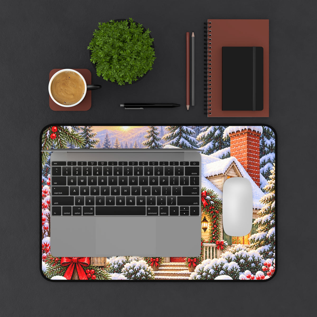 Christmas Cottage Desk Mat — Snowy Holiday Workspace