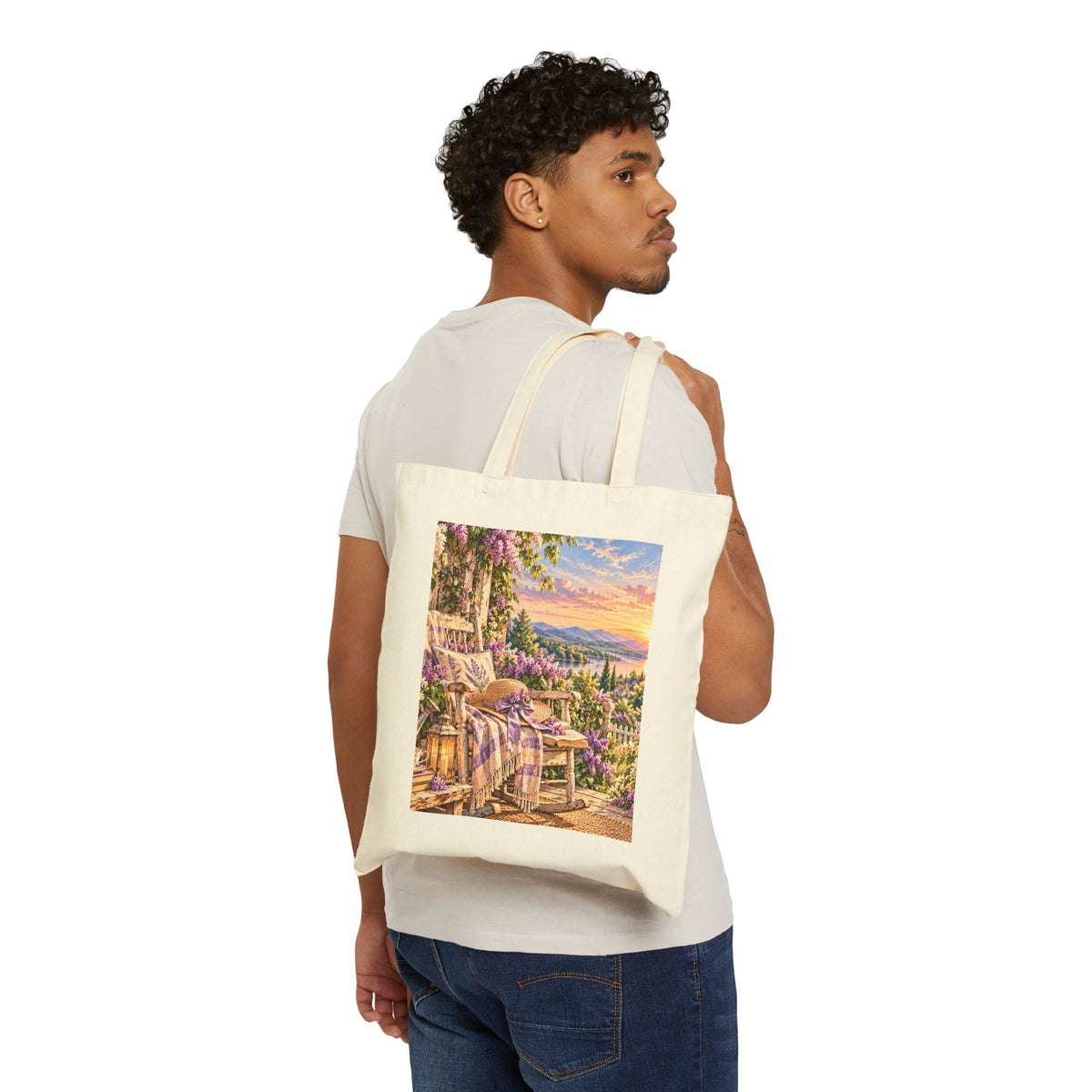 Lavender Porch Canvas Tote — Cottage Sunrise Market Bag
